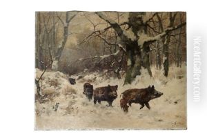Horde De Sangliers Dans Un Paysage De Neige by Karl Schultze