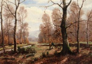 Sonniger Herbstmorgen Mit Jagern Auf Einer Flussaue by Karl Schultze