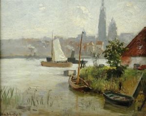 Antwerpen. Blick Von Der Schelde Auf Die Silhouette Der Stadt Mit Der Kathedrale Unserer Lieben Frau
