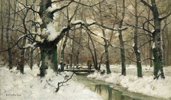 Winterliche Parklandschaft Mit Jagern Und Hunden - view 1
