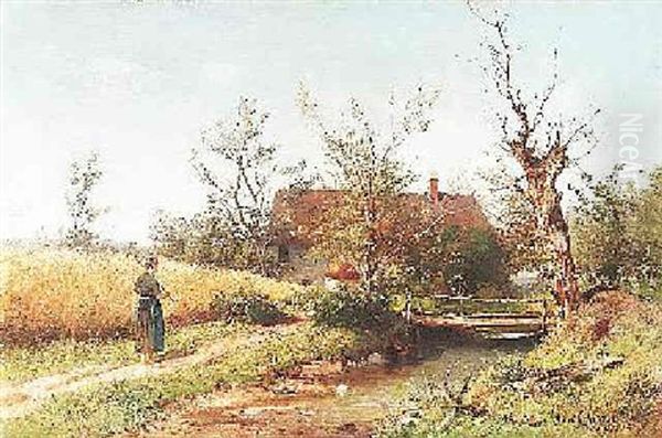 Sommerliche Landschaft Mit Bachlauf Und Bauerngehoft. Links Auf Dem Weg Eine Bauerin - view 1