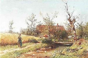 Sommerliche Landschaft Mit Bachlauf Und Bauerngehoft. Links Auf Dem Weg Eine Bauerin Sommerliche Landschaft Mit Bachlauf Und Bauerngehoft. Links Auf Dem Weg Eine Bauerin