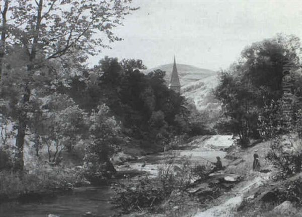 Fluslauf Mit Stromschnellen Und Einem Kirchdorf Im Hintergrund - view 1