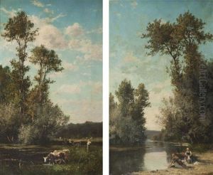 Une Bergere Et Ses Vaches Et Les Lavandieres (pair)