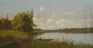 Sommerliche Fluslandschaft Mit Einem Angler In Seinem Boot