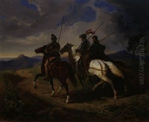 Heimkehr Eines Ritters, Begleitet Von Weiteren 2 Reitern, Alle 3 Mit Lanzen by Carl Friedrich Schulz