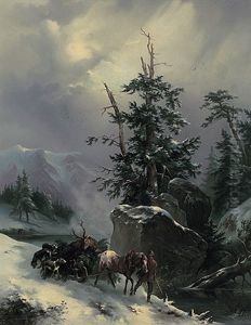 Winterliche Hochgebirgslandschaft. Jager Bringt Erlegten Hirschen Auf Dem Schlitten Zu Tal by Julius Carl Schulz
