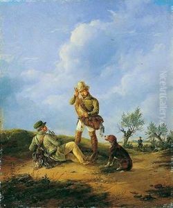 Zwei Jager Mit Hund by Julius Carl Schulz