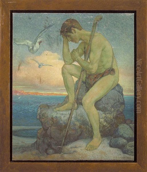 Pensive Male Figure On Rocky Shore - view 1