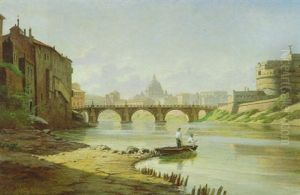 Pecheurs Au Bord Du Tibre, Pres Du Pont Du Chateau Saint-ange A Rome by Carl Georg Christian Schumacher