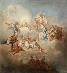 Die Aufnahme Der Malerei In Das Reich Apollos; Minerva Eilt Den Bedrangten Kunsten Zu Hilfe (pair) by Jacob van Schuppen
