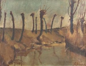 Flussuferlandschaft Mit Gestutzten Weiden by Johann Robert Schuerch