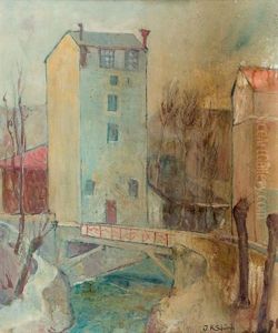 Stadtansicht Mit Kleinem Fluss by Johann Robert Schuerch