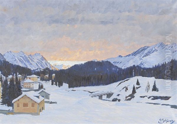 Verschneite Engadiner Landschaft Im Abendrot - view 1
