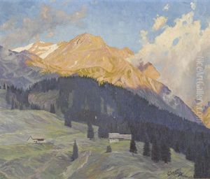 Gebirgspartie Mit Bauernhofen Vor Alpenfirn by Paul Schuerch