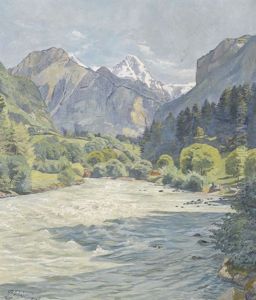 Sommerliche Flusspartie In Einem Alpental