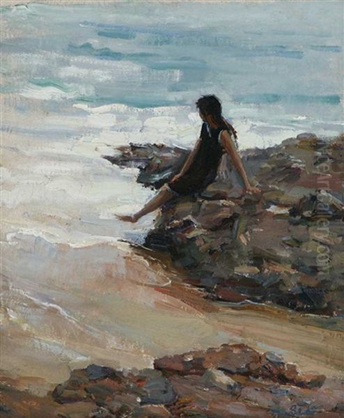 Woman Sitting On Shore - view 1
