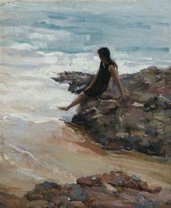 Woman Sitting On Shore by Donna N. Schuster