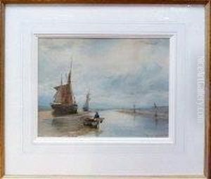 Two Sailing Vessels Grounded On A Beach With A Shrimp Fisherman Inthe Foreground by William Thomas Nicholas Boyce