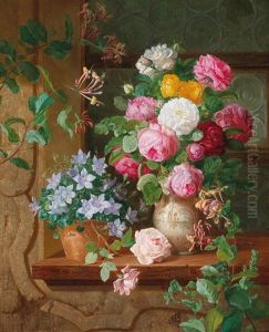 Roses And A Blue Starflower On A Windowsill by Josef Schuster