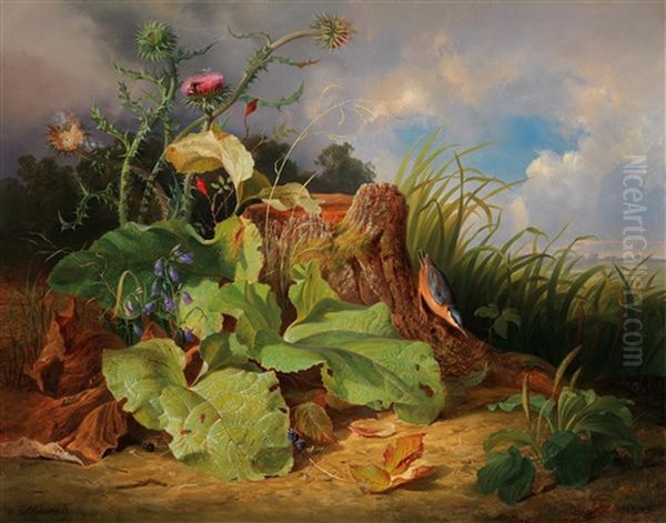 Still Life With Thistle, Harebells, Rosehips And A Nuthatch - view 1