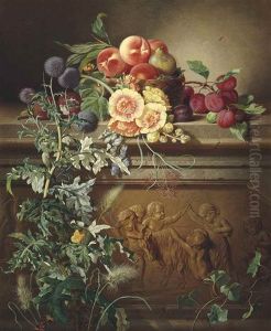 Apples And A Fig In A Basket, Figs And Plums On Stone Ledge Decorated With A Frieze Of Putti And A Goat, With Thistle by Josef Schuster