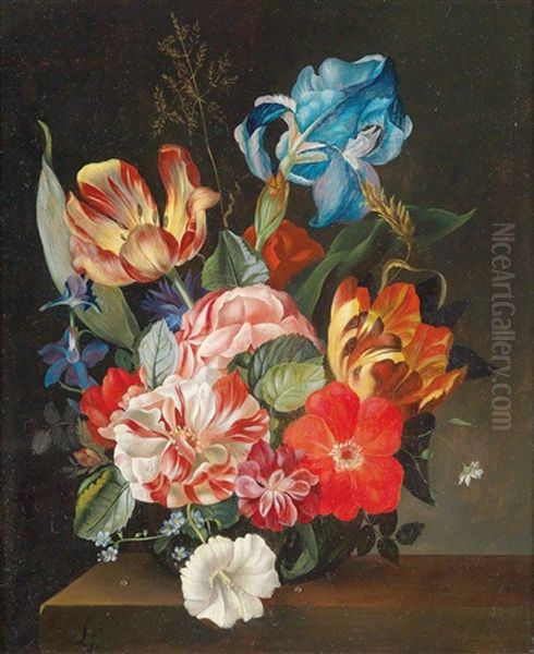 Blumenstuck Mit Tulpen, Rosen, Lilien Und Vergismeinnicht - view 1