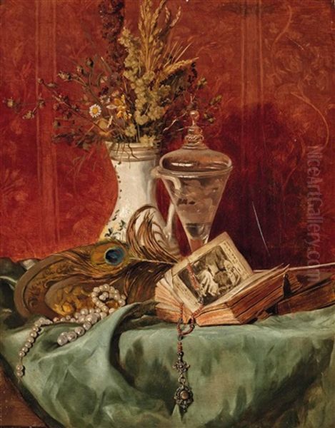 Stillleben Mit Krug, Buch, Perlenkette Und Rosenkranz - view 1