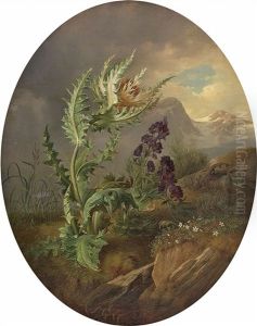 Stillleben Mit Distel Und Alpenblumen