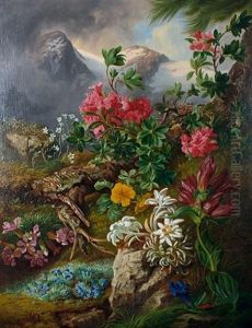 Still Life Of Alpine Flowers In A Landscape