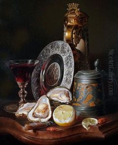 Still Life With Oysters, Prawns, Lemons, Steins, A Goblet And A Charger