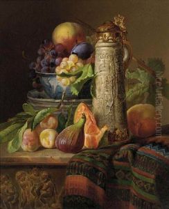 Grapes On The Vine And Peaches In A Bowl, An Ivory Tankard, A Fig, Plums And A Slice Of Melon On A Ledge