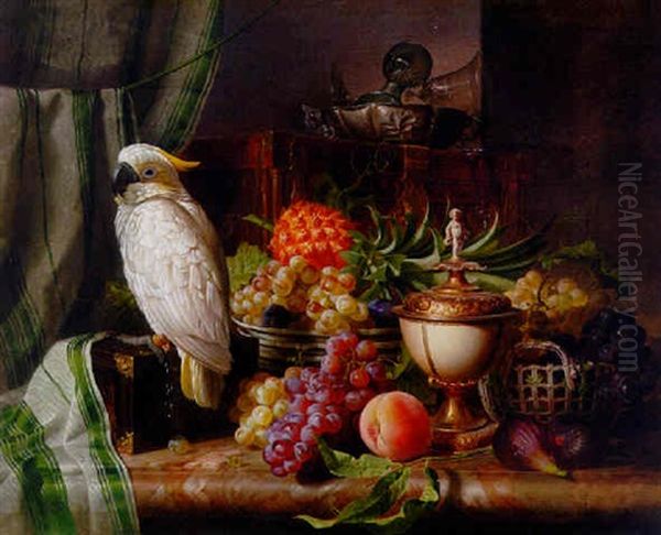 A Cockatoo, Grapes, Figs, Plums, A Pineapple, And A Peach With Other Objects On A Marble Ledge - view 1