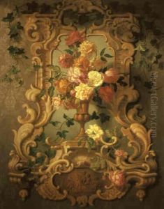 Roses And Ivy In A Golden Urn On A Plinth