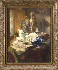 Stillleben Mit Arrangierten Gefasen, Zeichnungen, Buchern, Blumen U. Einer Bischofsfigur