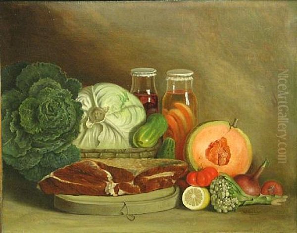 A Still Life With Meat, Cabbage, A Melon And Other Vegetables On A Table - view 1