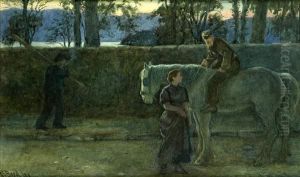 Dusk,figures Conversing In A Lakeside Lane Dusk,figures Conversing In A Lakeside Lane