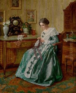 Biedermeiersalon Mit Junger Frau Bei Der Handarbeit by Karl Maria Schuster