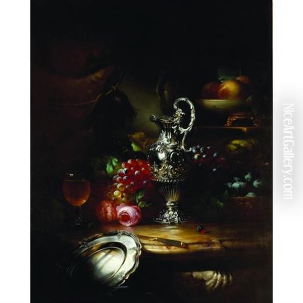 A Still Life With Fruit And Flowers, A Glass Of Wine, Silver Jug And Plate In The Foreground - view 1