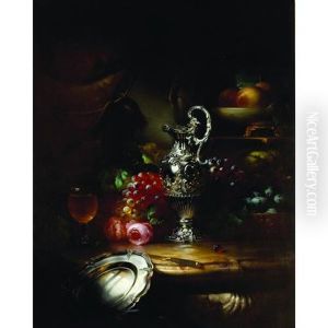A Still Life With Fruit And Flowers, A Glass Of Wine, Silver Jug And Plate In The Foreground