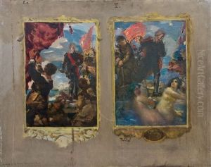 Zwei Doppelolskizzen Mit Kriegsszenerien Und Portraitstudien (2 Works)
