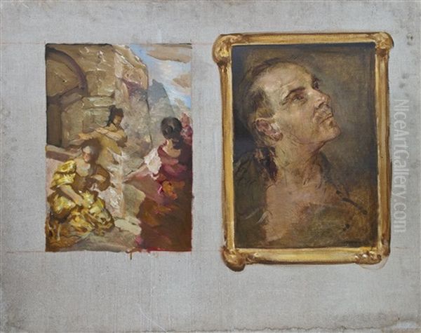 Zwei Doppelolskizzen Mit Kriegsszenerien Und Korperstudien (2 Works) - view 1