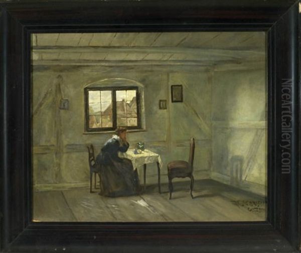 Stubeninterieur Mit Nachdenklicher Frau - view 1