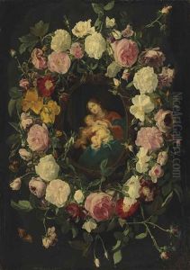 A Garland Of Roses, With Red Admirals, Wasps, Ladybirds And Other Insects, With The Virgin And Child With The Infant Saint John The Baptist In A Sculpted Cartouche