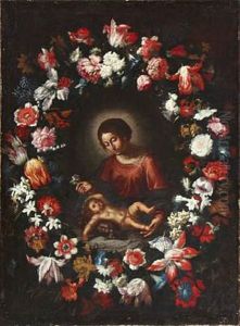 The Virgin Mary And The Infant Jesus Surrounded By A Large Festoon With Numerous Flowers The Virgin Mary And The Infant Jesus Surrounded By A Large Festoon With Numerous Flowers