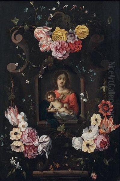 Vierge A L'enfant Avec Des Fleurs En Feston - view 1