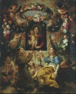 Saint Francis And Saint Catherine Holding Aloft A Painting Of The Madonna And Child Adorned By Garlands Of Flowers Borne By Putti by Cornelis Schut the Elder