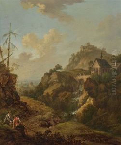 Ideal Rocky Landscape With A Chapel Over A Waterfall And A Castle Ruin by Christian Georg Schuetz the Elder