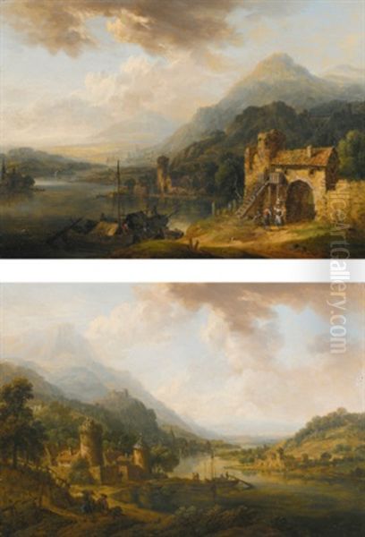 A Rhenish Landscape With Travellers On A Track, A Castle Beyond; A Rhenish Landscape With Figures Conversing By A Town Gate, Shipping Nearby - view 1