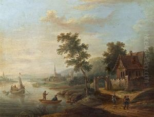 Flusslandschaft Mit Booten Und Einer Stadt Im Hintergrund